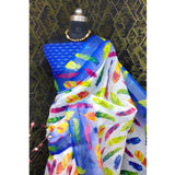 Blue cotton linen woven saree with unstitched blouse (5.5Mtr)