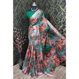 Green cotton linen woven design saree with unstitched blouse, 5.5mtr - stylish ethnic Indian wear for women