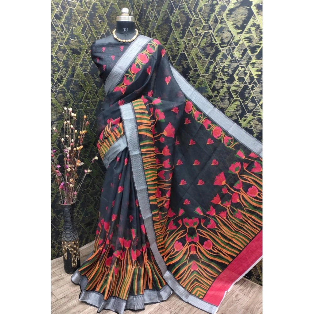 Black cotton linen digital print saree with unstitched blouse (5.5Mtr)