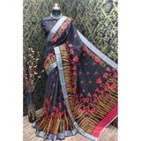 Black cotton linen digital print saree with unstitched blouse (5.5Mtr)