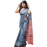 Grey cotton linen printed saree with unstitched blouse (5.5mtr) - stylish women's traditional Indian wear