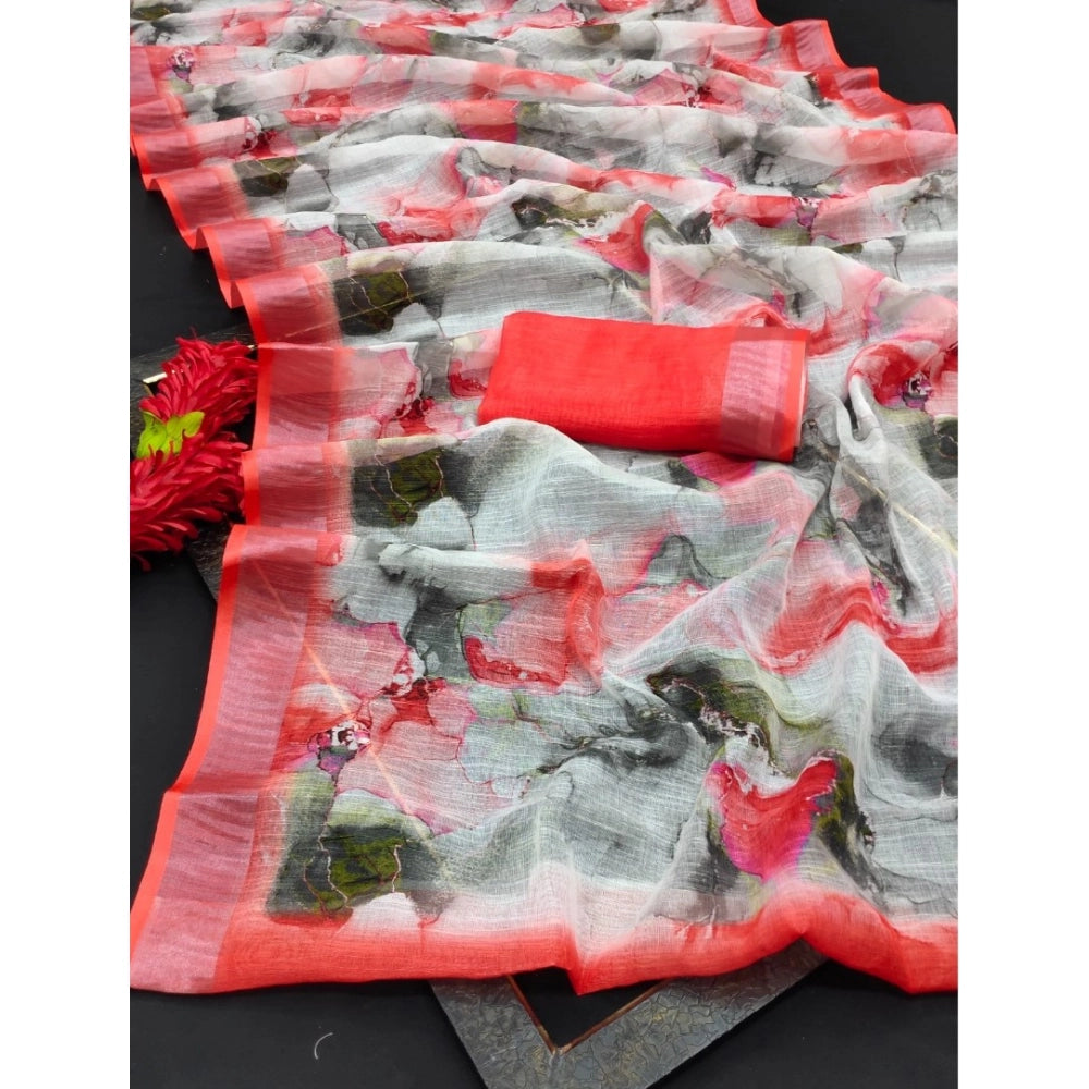 Red cotton linen woven design saree with unstitched blouse, vibrant Indian women's fashion accessory