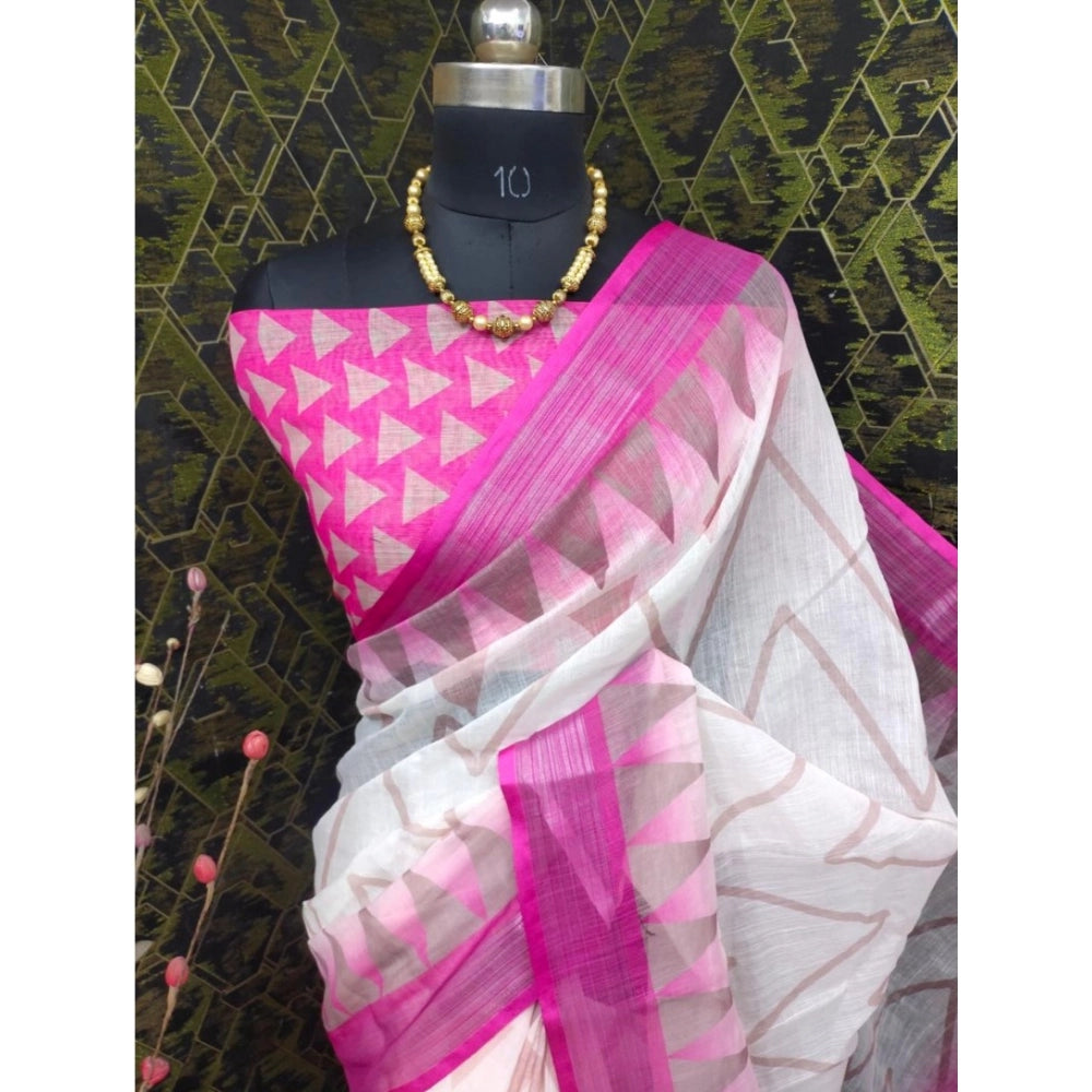 Women's pink cotton linen woven saree with unstitched blouse, 5.5mtr, vibrant pattern on display
