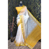 Yellow cotton linen woven design saree with unstitched blouse, ideal for traditional Indian wear