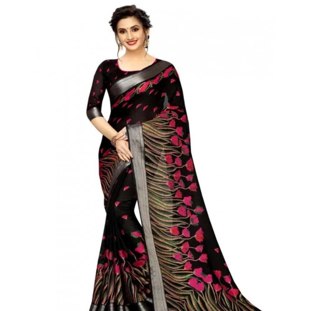 Black cotton linen digital print saree with unstitched blouse, 5.5mtr length for women's fashion