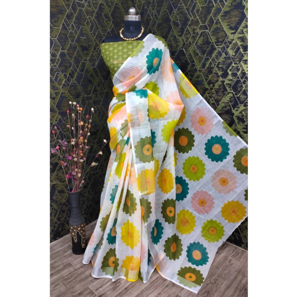 Green cotton linen woven saree with unstitched blouse, elegant ethnic wear for women