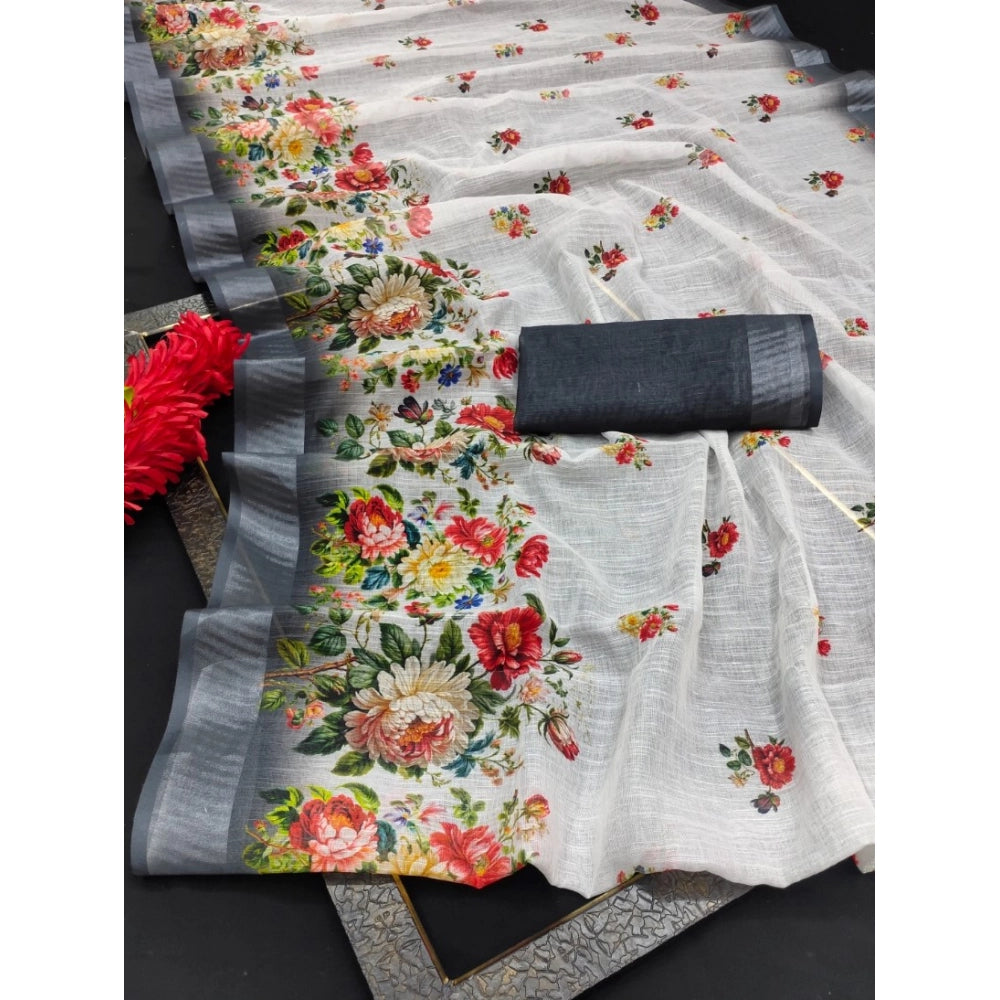 Black cotton linen woven design saree with unstitched blouse, 5.5mtr