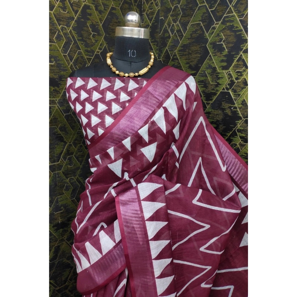 Maroon cotton linen woven design saree with unstitched blouse (5.5Mtr) - close-up of intricate pattern details