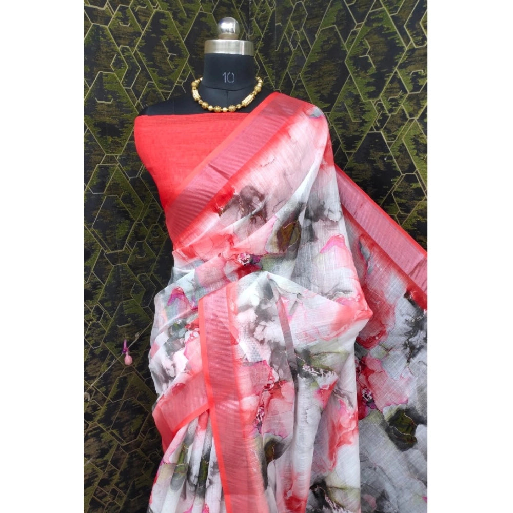 Red cotton linen woven saree with unstitched blouse (5.5mtr)