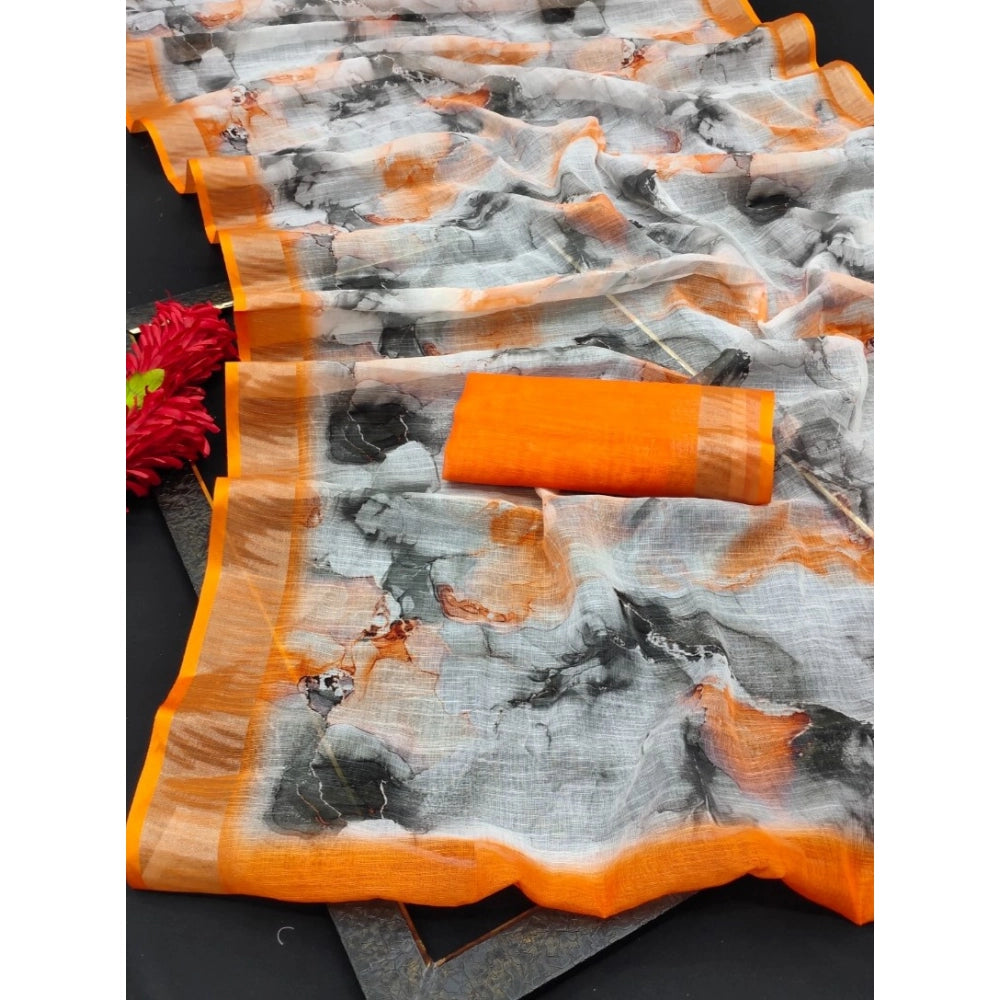 Orange cotton linen woven saree with unstitched blouse, 5.5Mtr for women's traditional Indian wear