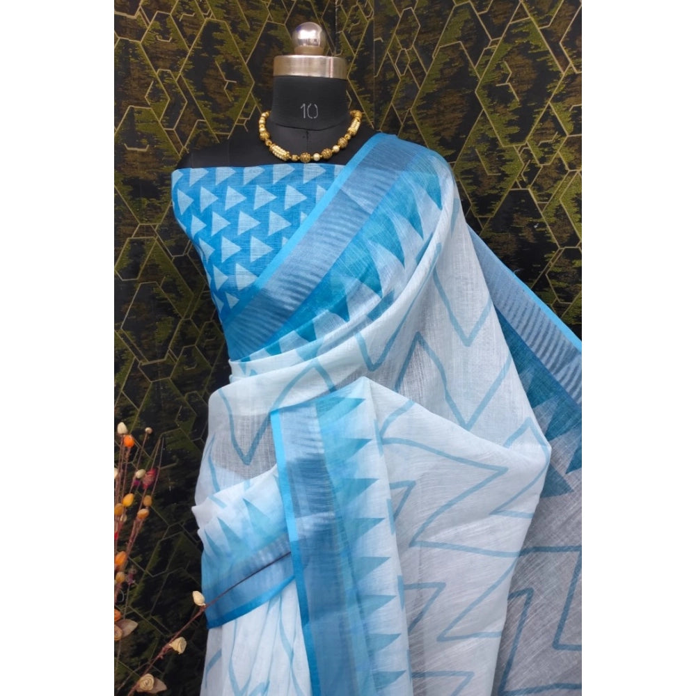 Sky blue cotton linen woven saree with unstitched blouse, 5.5Mtr, traditional Indian attire