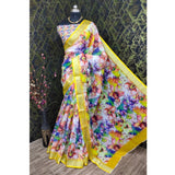 Yellow cotton linen printed saree with unstitched blouse (5.5mtr) - vibrant, traditional Indian fashion accessory