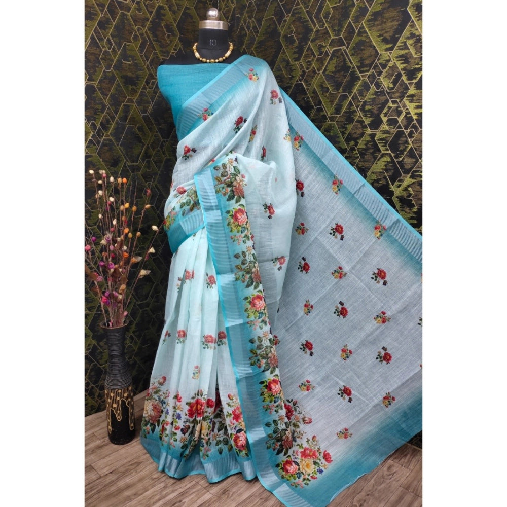 Sky blue cotton linen woven saree with unstitched blouse (5.5mtr)