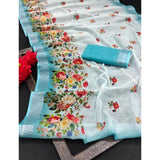Sky cotton linen woven saree with unstitched blouse, 5.5mtr length
