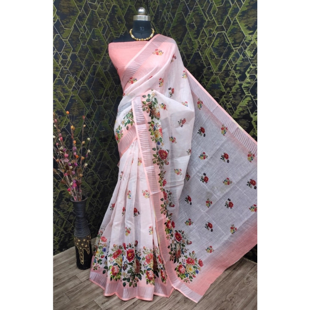 Peach cotton linen woven design saree with unstitched blouse (5.5Mtr), traditional Indian attire on mannequin