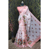 Peach cotton linen woven design saree with unstitched blouse (5.5Mtr), traditional Indian attire on mannequin