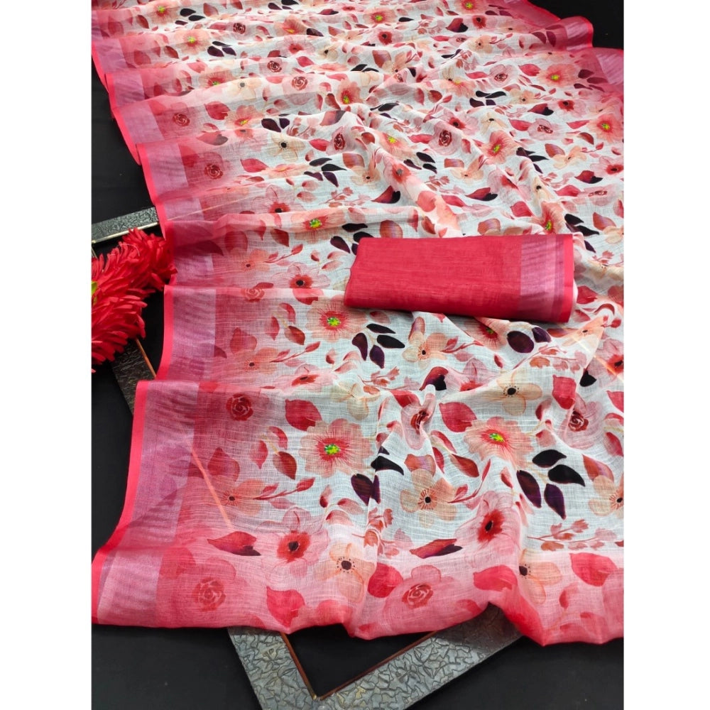 Red cotton linen woven design saree with unstitched blouse, 5.5mtr length for women's traditional Indian wear