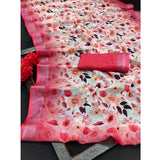 Red cotton linen woven design saree with unstitched blouse, 5.5mtr length for women's traditional Indian wear