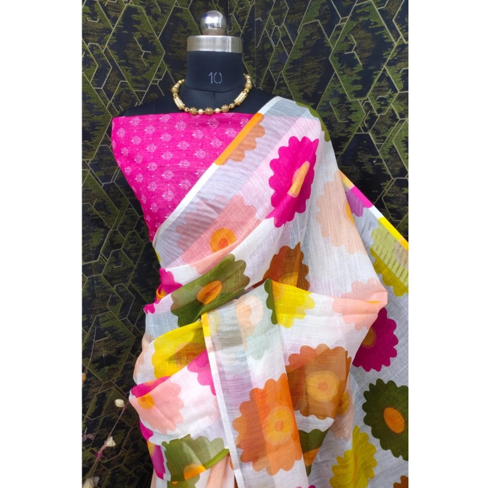 Pink cotton linen woven saree with unstitched blouse (5.5mtr) - traditional Indian women's fashion