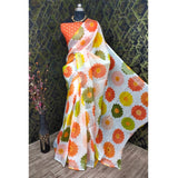 Orange cotton linen woven saree with unstitched blouse, 5.5mtr length
