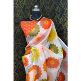 Orange cotton linen woven design saree with unstitched blouse, 5.5mtr on mannequin for Indian women's traditional attire