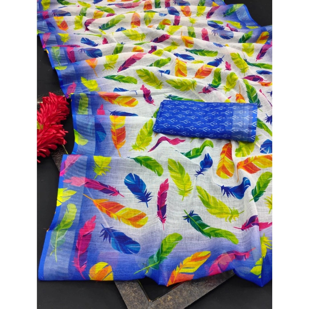 Blue cotton linen woven saree with unstitched blouse, 5.5mtr length on model