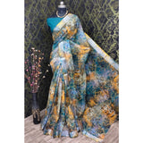 Multicolor cotton linen woven design saree with unstitched blouse, vibrant ethnic attire on mannequin
