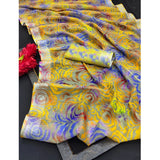 Yellow cotton linen woven saree with unstitched blouse, 5.5mtr length for women's traditional Indian fashion
