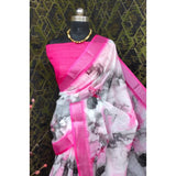 Women's pink cotton linen woven saree with unstitched blouse, 5.5mtr length - vibrant pattern on display rack