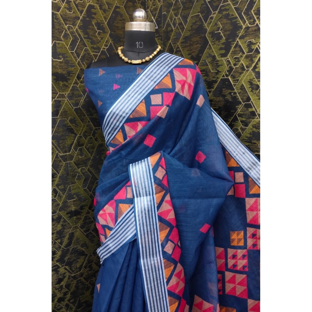 Blue cotton linen digital print saree with unstitched blouse (5.5mtr)