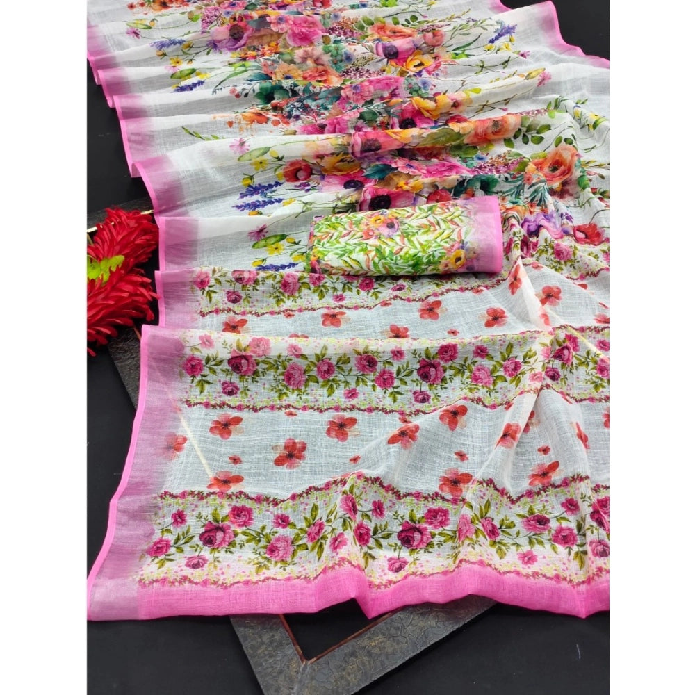 Pink cotton linen printed saree with unstitched blouse (5.5Mtr), vibrant floral pattern