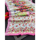 Pink cotton linen printed saree with unstitched blouse (5.5Mtr), vibrant floral pattern