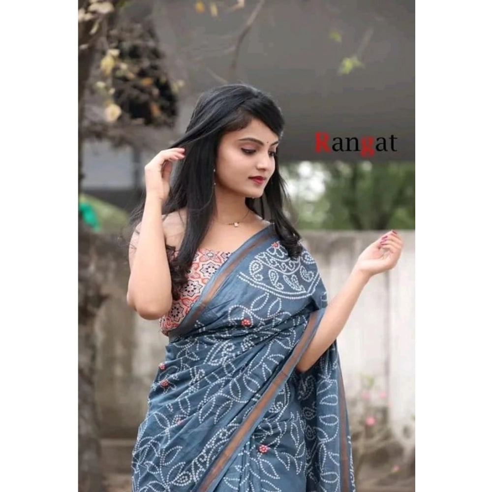 Grey cotton linen printed saree with unstitched blouse (5.5Mtr) on mannequin