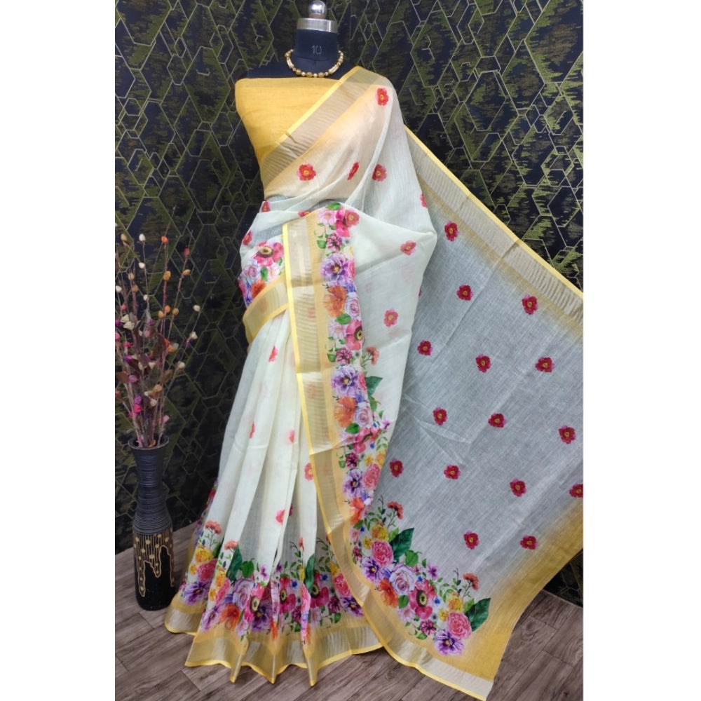 Yellow cotton linen woven design saree with unstitched blouse, vibrant Indian traditional wear for women