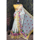 Yellow cotton linen woven design saree with unstitched blouse, vibrant Indian traditional wear for women