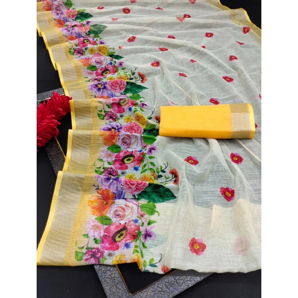 Yellow cotton linen woven saree with unstitched blouse (5.5mtr)