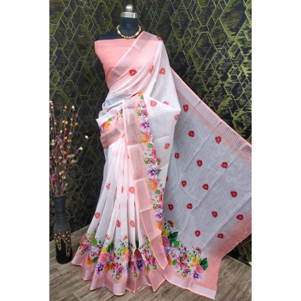 Peach cotton linen woven saree with unstitched blouse, 5.5Mtr, traditional Indian fashion accessory on hanger