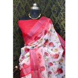 Red cotton linen woven saree with unstitched blouse (5.5Mtr), traditional Indian women's wear
