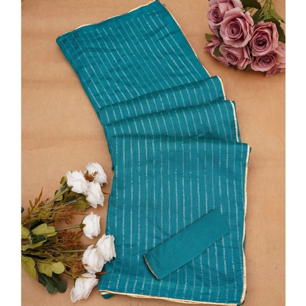 Sky blue striped Vichitra silk saree with unstitched blouse (5.5mtr), fashionable traditional Indian wear