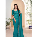Sky blue vichitra silk striped saree with unstitched blouse (5.5mtr) on mannequin