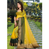 Yellow khadi cotton solid saree with unstitched blouse (5.5mtr), traditional Indian attire on mannequin