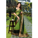Green Khadi Cotton solid saree with unstitched blouse (5.5mtr), traditional Indian attire for women