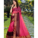 Pink Khadi Cotton solid saree with unstitched blouse, 5.5Mtr length for women's traditional Indian wear
