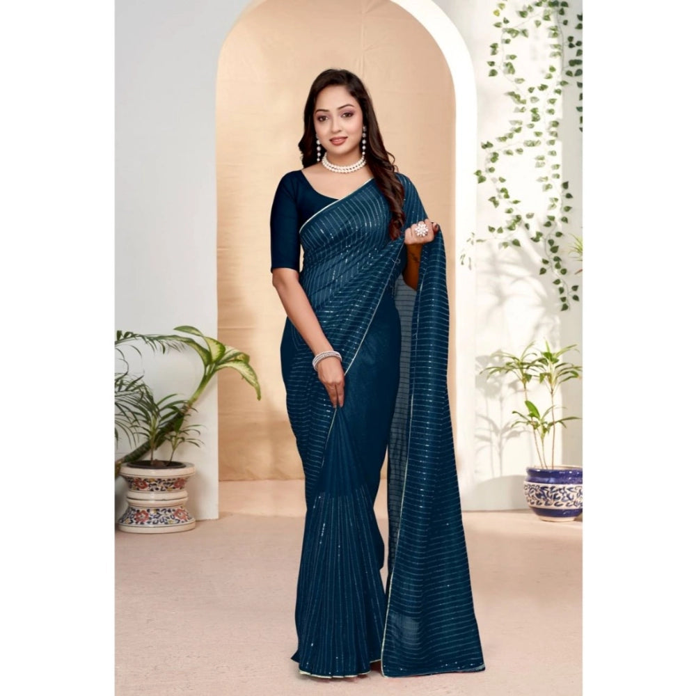 Blue Vichitra silk striped saree with unstitched blouse (5.5mtr), high-quality traditional Indian wear
