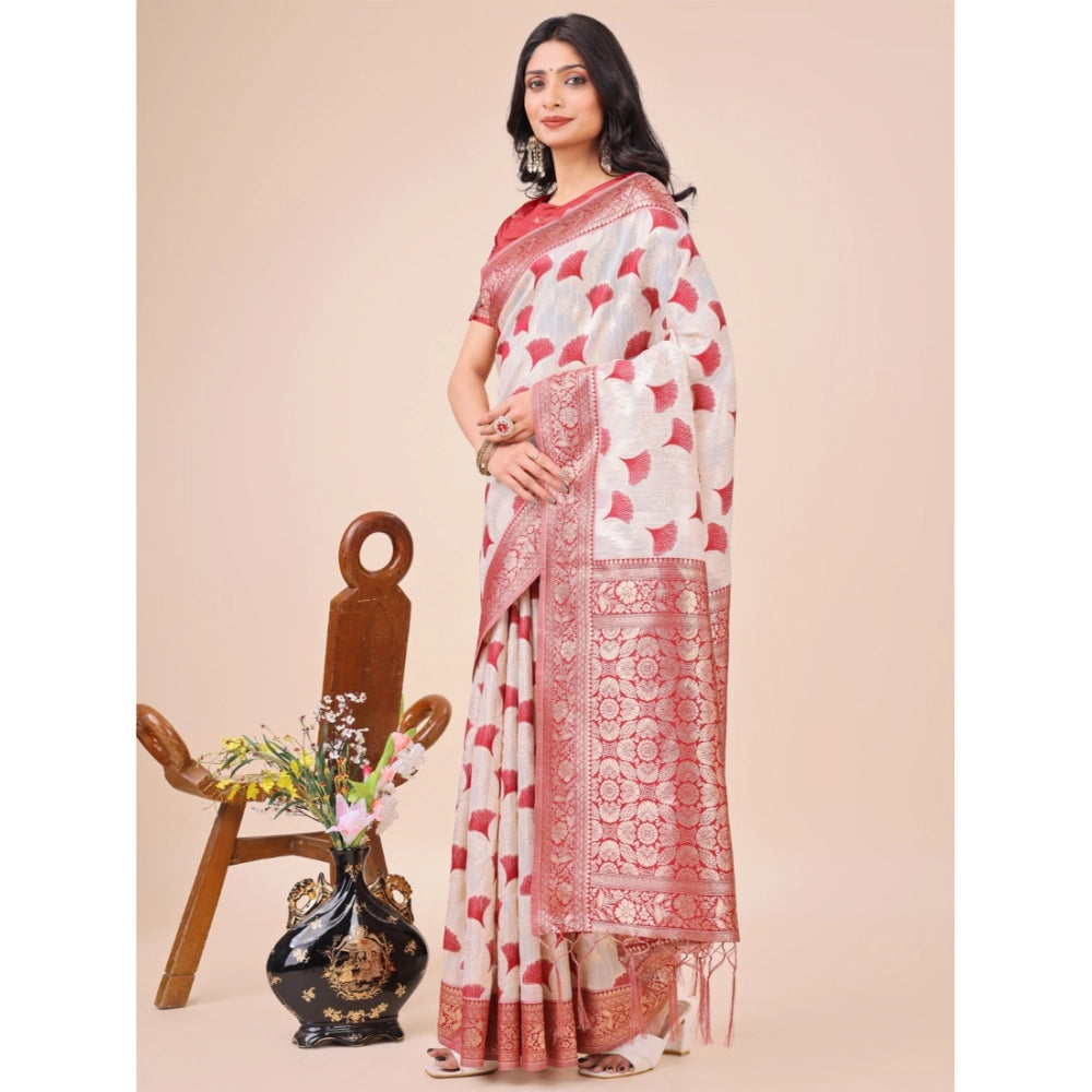 Maroon linen-cotton printed saree with unstitched blouse, vibrant design on 5.5mtr length
