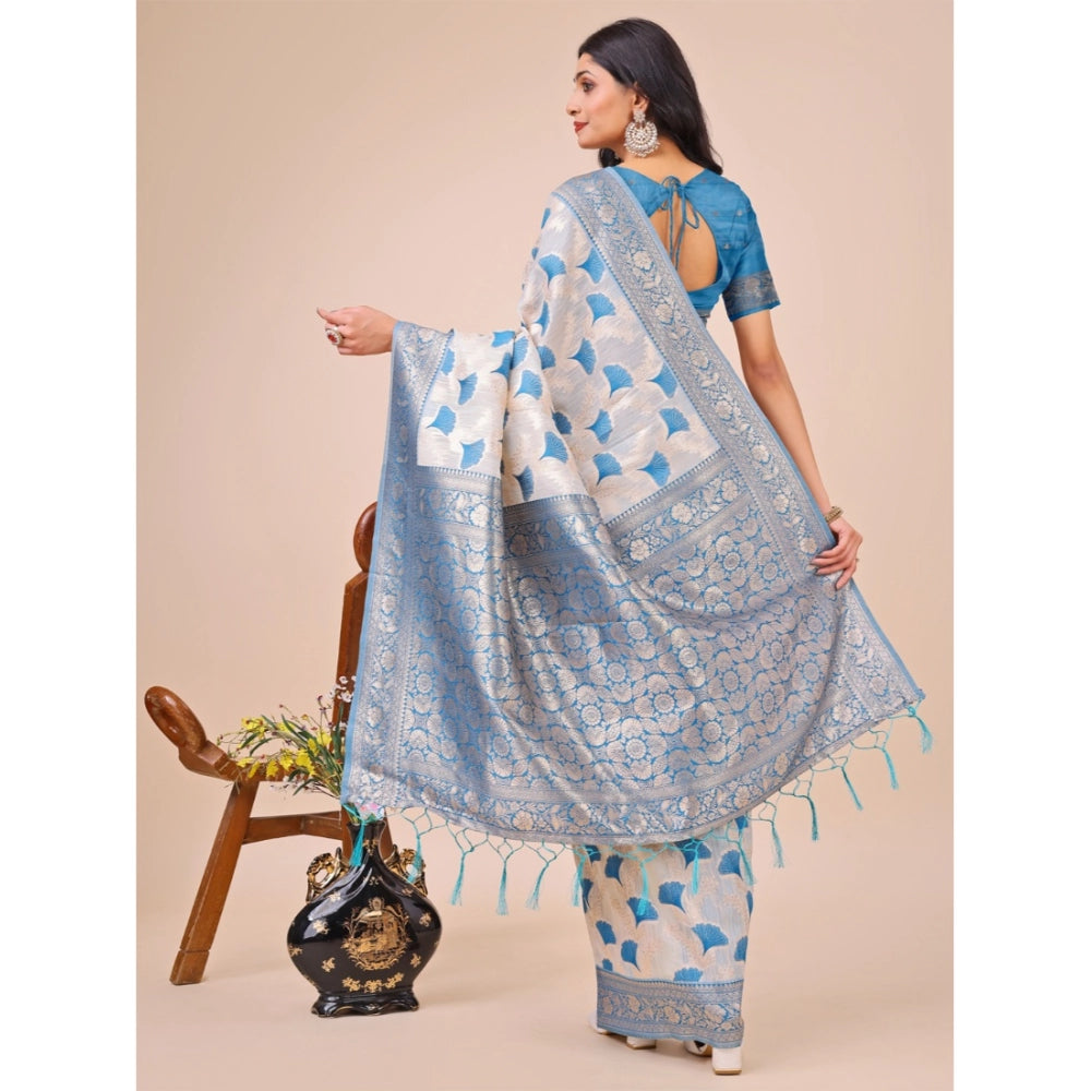 Sky blue linen cotton printed saree with unstitched blouse, vibrant Indian fashion accessory