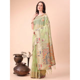 Light green linen cotton printed saree with unstitched blouse, vibrant floral design on a natural fabric
