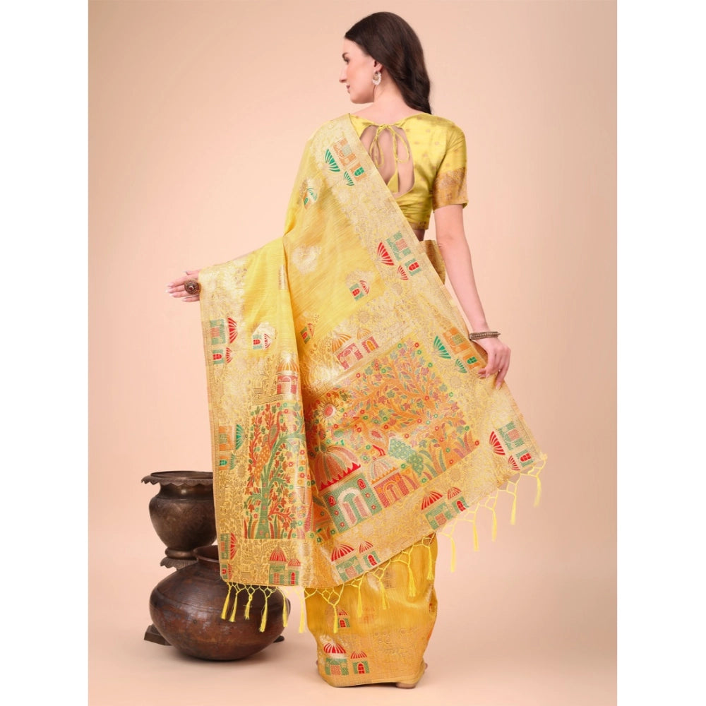 Yellow linen-cotton printed saree with unstitched blouse, vibrant and comfortable for traditional wear
