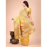 Yellow linen-cotton printed saree with unstitched blouse, vibrant and comfortable for traditional wear