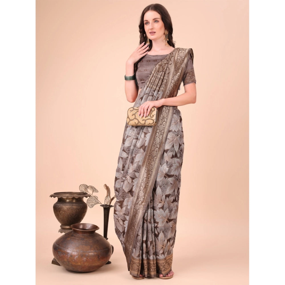 Brown cotton printed saree with unstitched blouse (5.5mtr), vibrant design for traditional Indian wear
